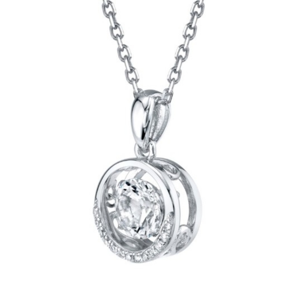 Dancing/ Spinning Gemstone Diamonds White Sapphire 925 SS Necklace NWT